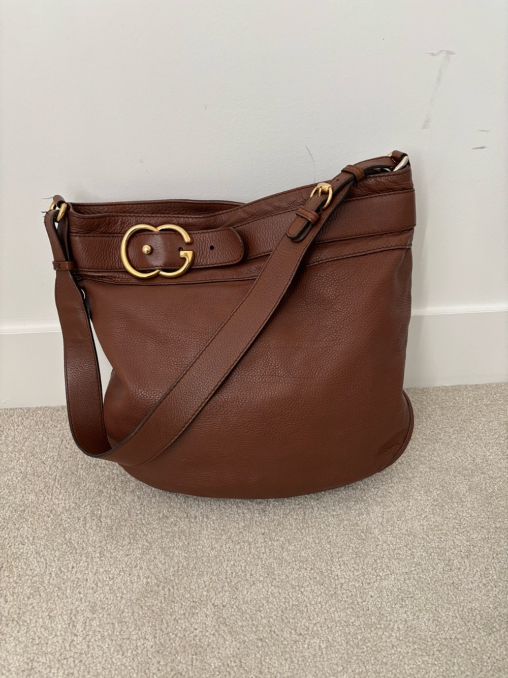 Gucci GG Marmont-Style Brown Pebbled Leather Shoulder Bag Gold Hardware